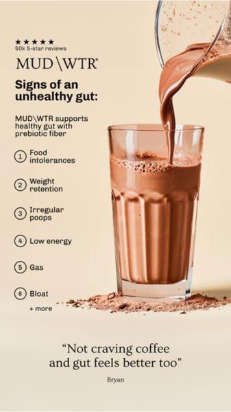A clean, minimalist 9:16 static ad featuring a pouring prebiotic drink with a bulleted list of gut health symptoms.